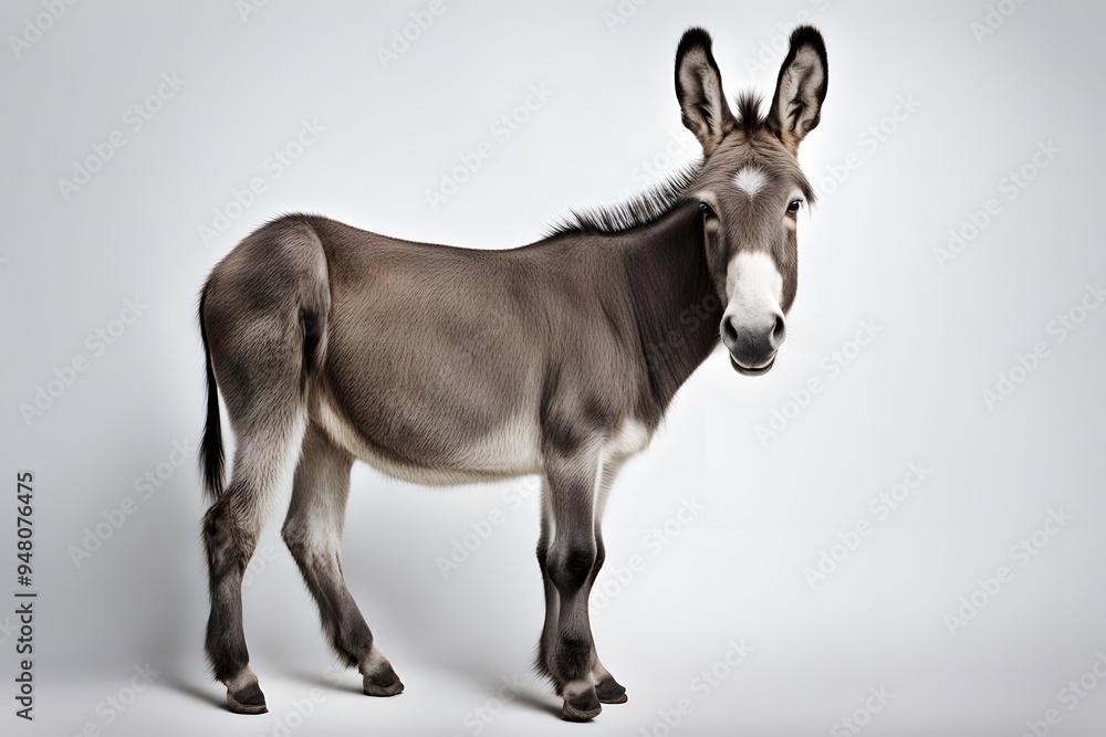 A calm donkey with gray fur and large ears standing on a white background, AI Generated A calm donkey with gray fur and large ears standing on a white background, AI Generated
