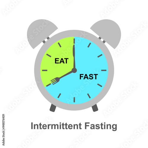 Intermittent fasting concept, clock with eating and fasting hours. Intermittent Fasting often use for loosing weight or to control diabetes.