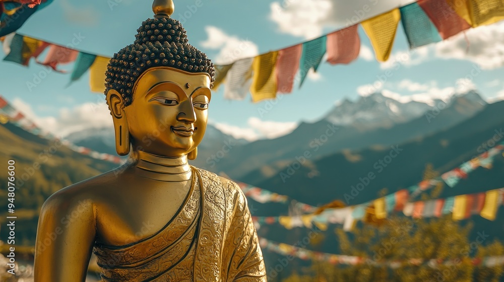Obraz premium A golden Buddha statue with a backdrop of colorful prayer flags and a mountain range, evoking a sense of spiritual journey -