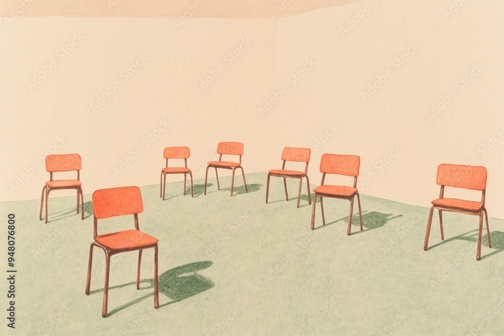 A minimalistic classroom with orange chairs arranged in a circle, creating a welcoming atmosphere for learning and collaboration. wallpaper background. A minimalistic classroom with orange chairs arranged in a circle, creating a welcoming atmosphere for learning and collaboration. wallpaper background.