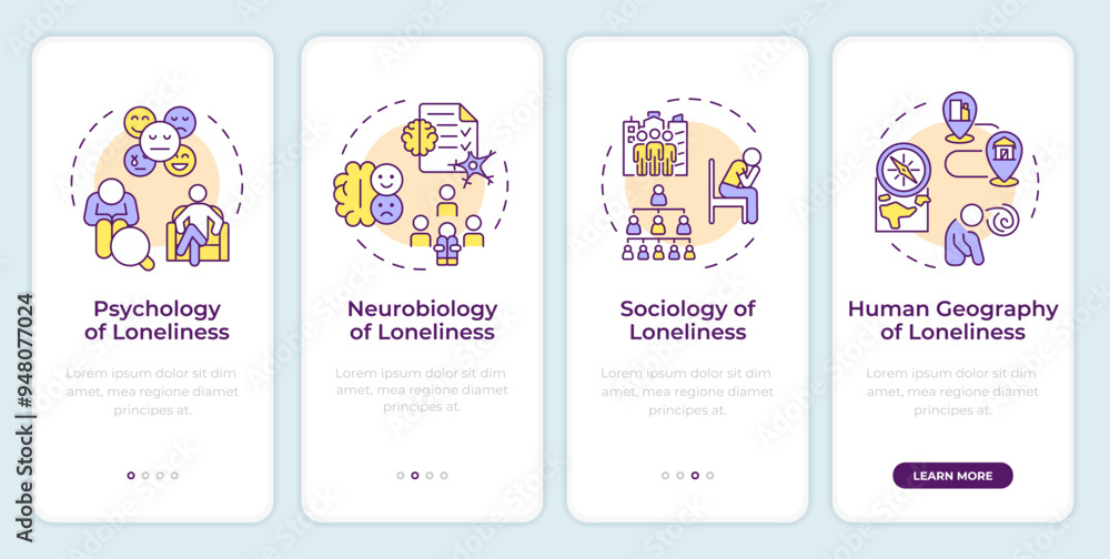 Science of loneliness onboarding mobile app screen. Walkthrough 4 steps editable graphic instructions with linear concepts. UI, UX, GUI template. Montserrat SemiBold, Regular fonts used Science of loneliness onboarding mobile app screen. Walkthrough 4 steps editable graphic instructions with linear concepts. UI, UX, GUI template. Montserrat SemiBold, Regular fonts used