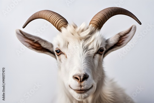 A curious goat with a small beard and horns looking at the camera on a white background, AI Generated