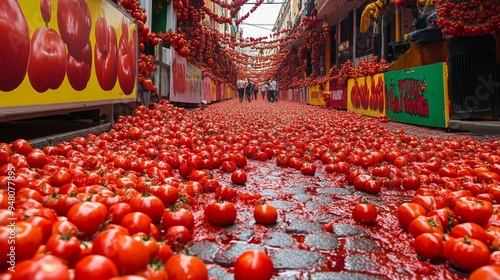 A vibrant street filled with scattered tomatoes, with red juice forming intricate patterns on the cobblestones. The sides of the image are adorned with colorful festival decorations, while the center photo