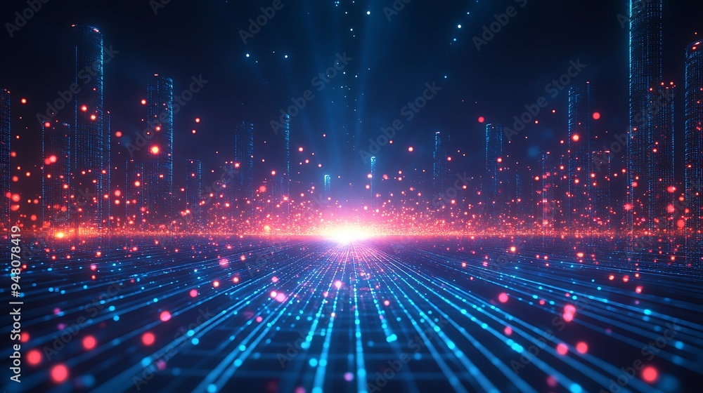 Fototapeta premium Futuristic digital landscape with glowing neon lights and data points, representing technology, innovation, and modern digital communications.