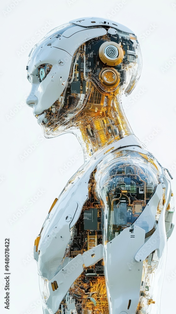 A transparent AI robot reveals complex inner circuitry while standing in a sleek, futuristic urban environment A transparent AI robot reveals complex inner circuitry while standing in a sleek, futuristic urban environment
