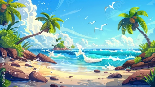 Tropical Island Beach Landscape with Palm Trees Ocean Waves  and Seagulls photo