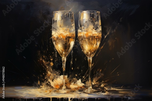 Chilled Two glasses of champagne. Couple cheers romantic celebration. Generate Ai