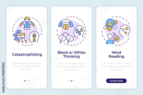 Cognitive syndrome types onboarding mobile app screen. Walkthrough 3 steps editable graphic instructions with linear concepts. UI, UX, GUI template. Montserrat SemiBold, Regular fonts used