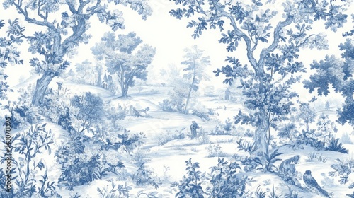 Blue and white toile wallpaper with central copy space