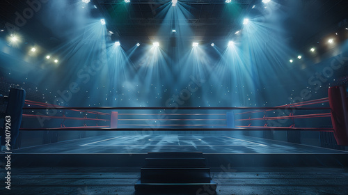 Professional boxing ring under bright spotlights, empty wrestling arena with dramatic blue lighting, sports stadium interior for combat sports and martial arts