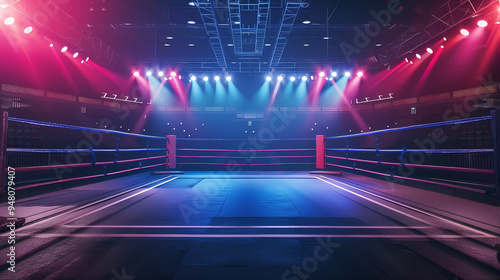 WWE wrestling ring corner. Sport background empty boxing ring with spotlight. 