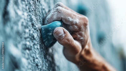 A detailed close-up of a hand covered in chalk gripping a climbing hold on a textured rock wall, emphasizing strength and focus in rock climbing. photo