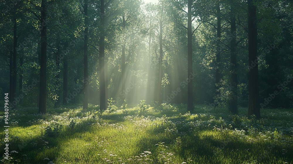 Obraz premium Sunlit Forest Glade Serene Landscape with Sunlight Filtering Through Tall Majestic Trees
