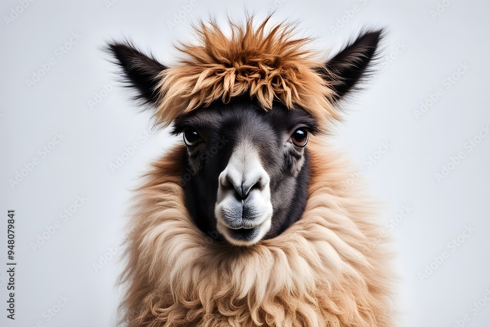 Obraz premium A fluffy llama with a friendly expression posing on a white background, AI Generated