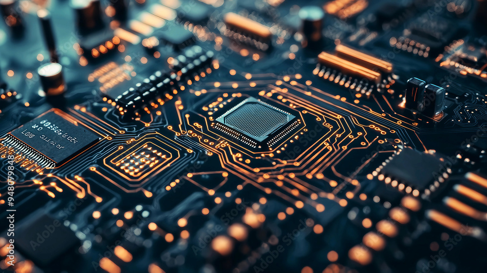 A close up of a computer chip with a lot of orange and black A close up of a computer chip with a lot of orange and black