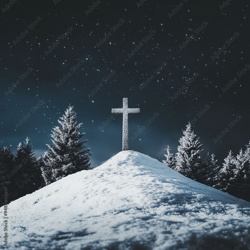 Minimalistic landscape with cross and Christmas trees, New Year background Minimalistic landscape with cross and Christmas trees, New Year background