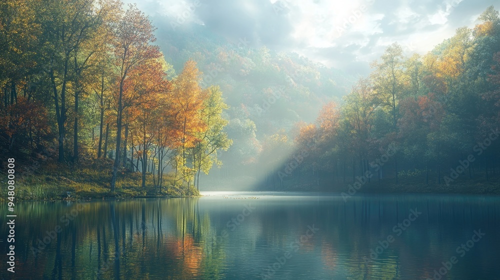 A peaceful lake surrounded by trees in the transition from summer green to autumn colors, with soft sunlight filtering through A peaceful lake surrounded by trees in the transition from summer green to autumn colors, with soft sunlight filtering through