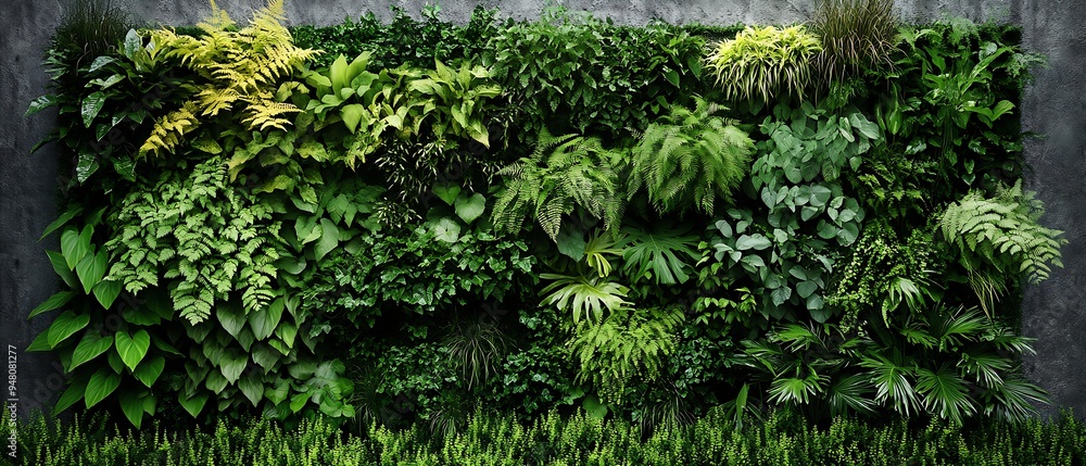 Lush vertical garden on urban eco-friendly building wall, variety of green textures, modern design, photorealistic Lush vertical garden on urban eco-friendly building wall, variety of green textures, modern design, photorealistic