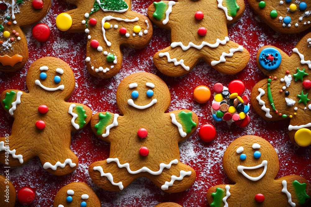Whimsical holiday gingerbread cookies with comical expressions, quirky decorations, and vibrant icing