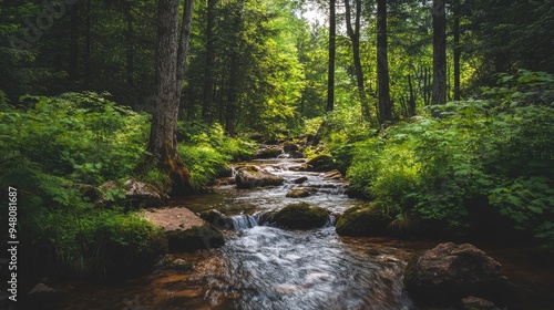 A quiet forest stream flowing over rocks, surrounded by lush greenery and tall trees, creating a tranquil setting