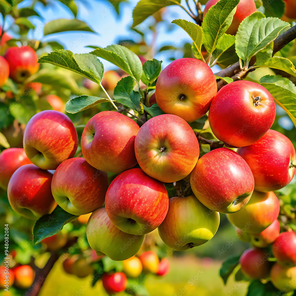 Red apples with branch in garden Red apples with branch in garden