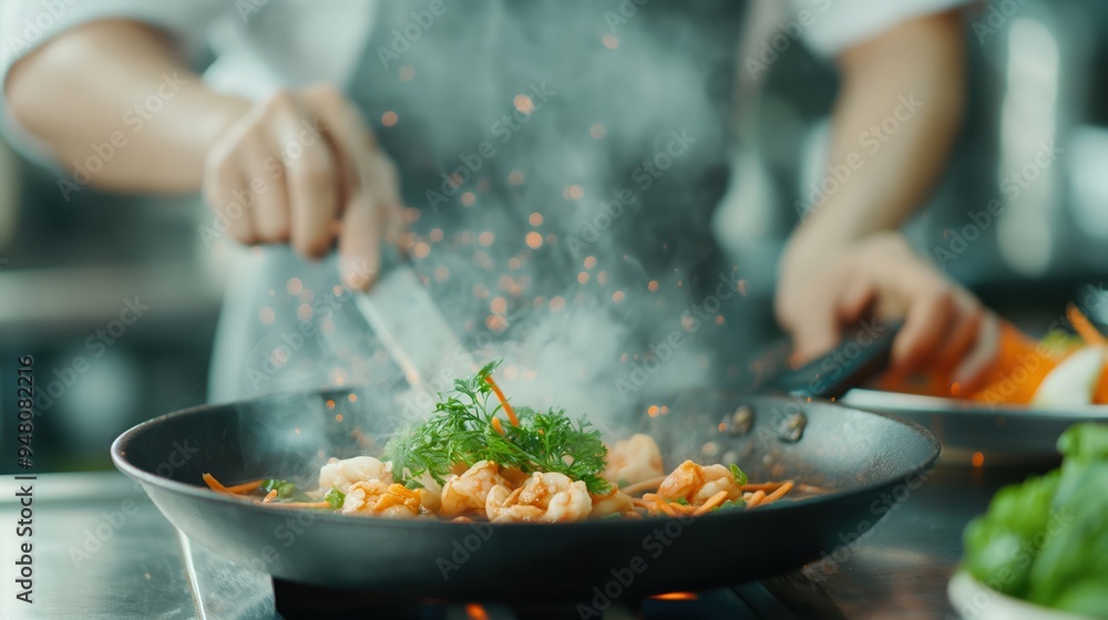 Chef cooking seafood stir fry in a pan with fresh vegetables in professional kitchen Chef cooking seafood stir fry in a pan with fresh vegetables in professional kitchen