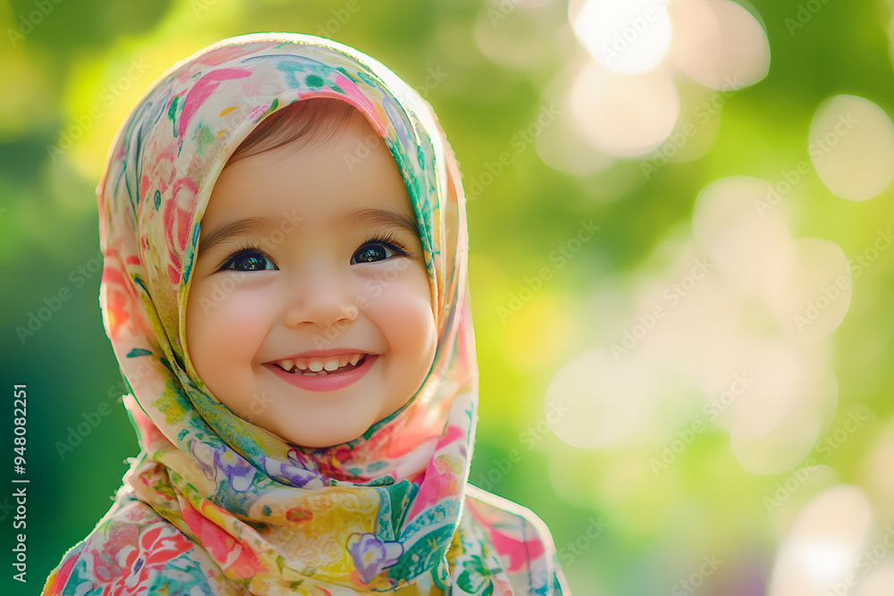 Joyful little girl in a colorful hijab, basking in the warm glow of sunlight in a vibrant garden