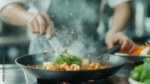 Chef cooking seafood stir fry in a pan with fresh vegetables in professional kitchen photo