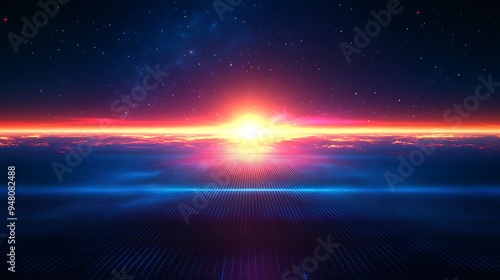 Stunning digital illustration of a cosmic sunrise with vibrant colors and abstract patterns representing the beauty of space and celestial bodies.