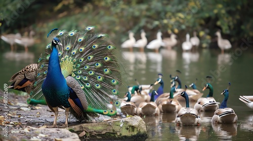 A peacock with its feathers spread stands on a rock near a pond with ducks.