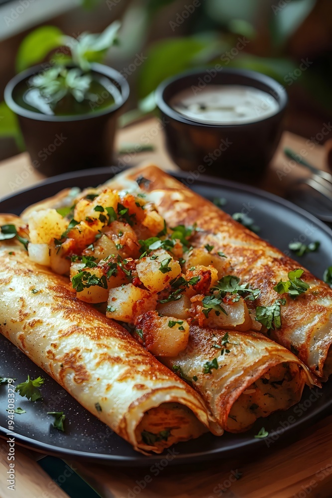 Vegan Masala Dosa - A South Indian dish made with a fermented rice and lentil crepe filled with spiced mashed potatoes.. Vegan Masala Dosa - A South Indian dish made with a fermented rice and lentil crepe filled with spiced mashed potatoes..