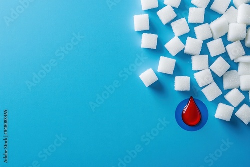 White Sugar Cubes and a Red Blood Drop on Blue Background photo