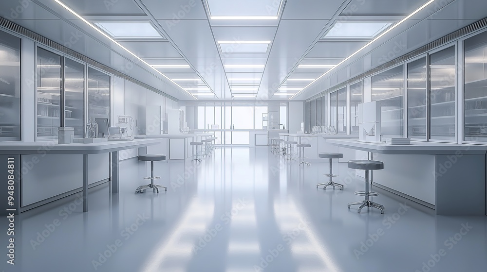 Fototapeta premium Clean laboratory space with white and gray chairs and generative artificial intelligence