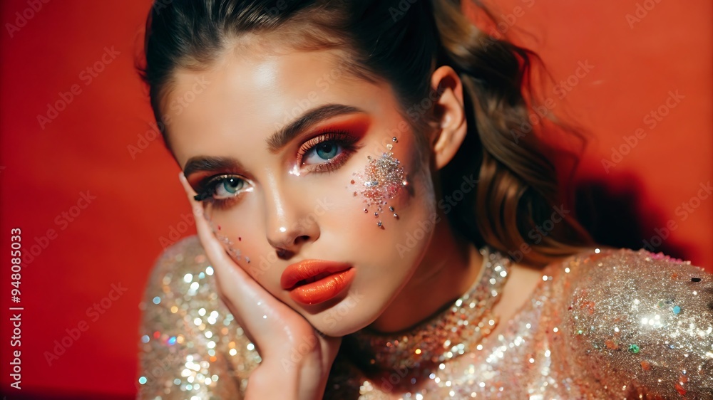 Fototapeta premium Beautiful Stylish Young Woman With Glitter Makeup Posing Isolated on Coral