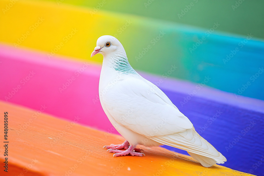 Obraz premium A white dove perched on a colorful rainbow bench, standing out against the vibrant colors of the wooden slats 