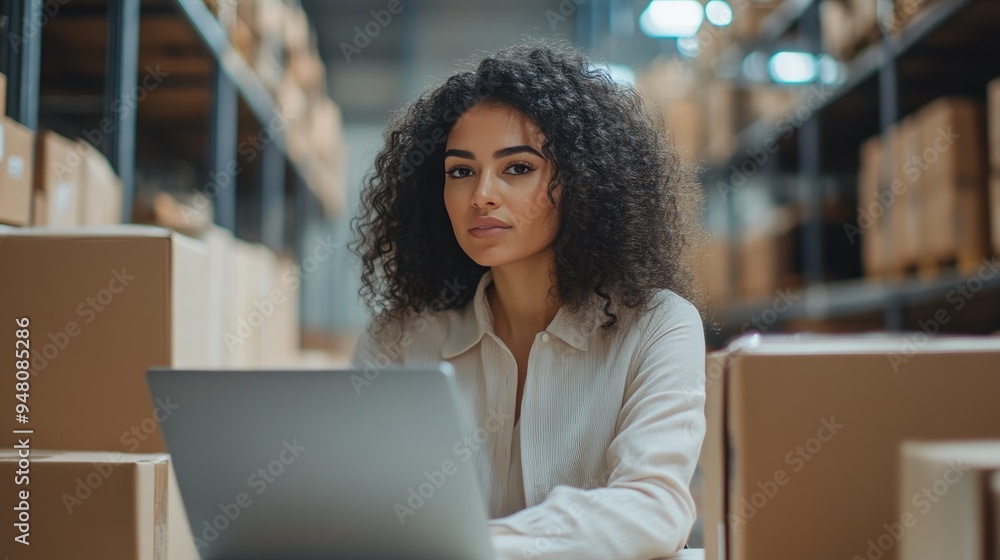 Middle-aged entrepreneur woman in light warehouse setting Middle-aged entrepreneur woman in light warehouse setting