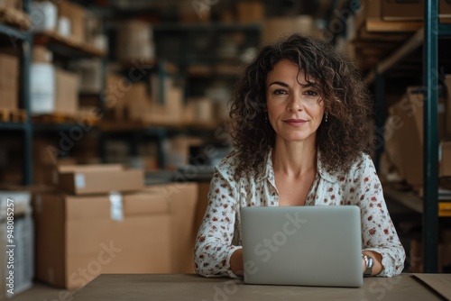 Curly-haired Latina woman managing online business