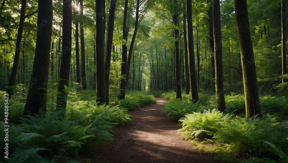 Tall trees line a pathway through a verdant forest, creating a serene natural setting Tall trees line a pathway through a verdant forest, creating a serene natural setting