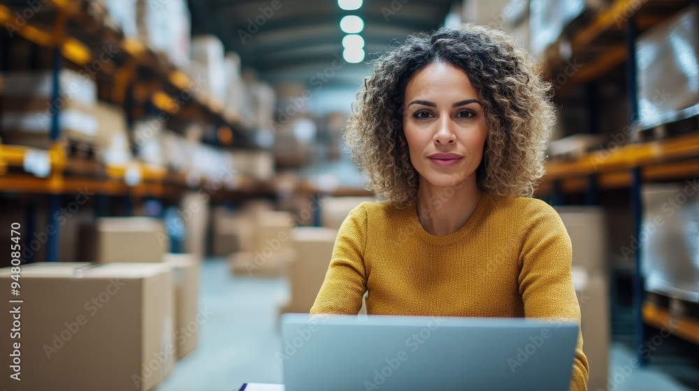 Latina entrepreneur organizing products in warehouse Latina entrepreneur organizing products in warehouse