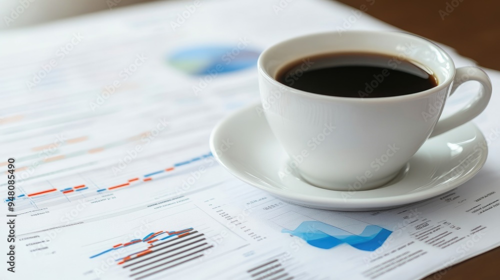 Close-Up of Financial Analysis with Coffee and Charts Close-Up of Financial Analysis with Coffee and Charts