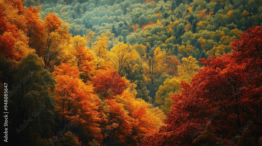 A scenic landscape showing the transition from summer to autumn, with green leaves turning to vibrant shades of orange and red A scenic landscape showing the transition from summer to autumn, with green leaves turning to vibrant shades of orange and red