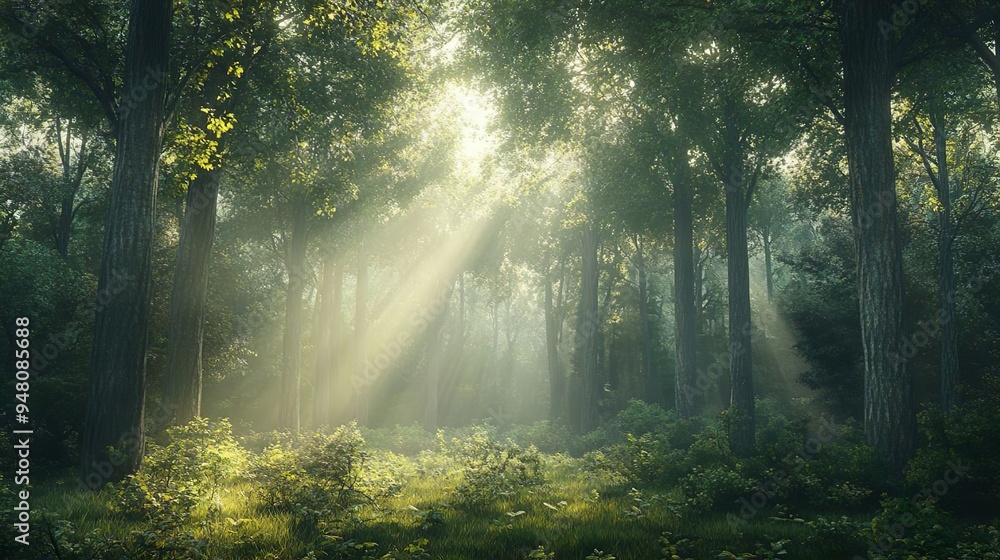 Sunlit Forest Glade Tall, Majestic Trees and Soft Sunlight Create a Stunning Natural Landscape Sunlit Forest Glade Tall, Majestic Trees and Soft Sunlight Create a Stunning Natural Landscape