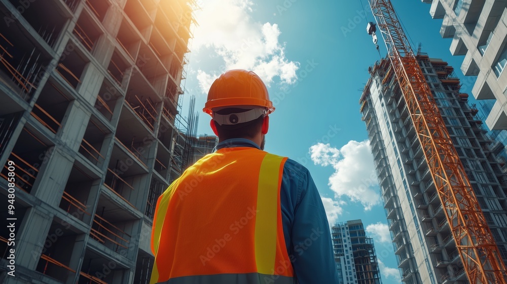 Construction engineer, wearing a hard hat and safety vest, oversees the progress of a high-rise building construction project in an urban area. Construction engineer, wearing a hard hat and safety vest, oversees the progress of a high-rise building construction project in an urban area.