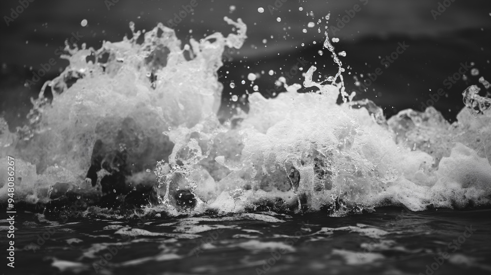 A close-up black and white photo of a wave crashing against the ocean surface, creating a spray of water and foam - Generative AI A close-up black and white photo of a wave crashing against the ocean surface, creating a spray of water and foam - Generative AI
