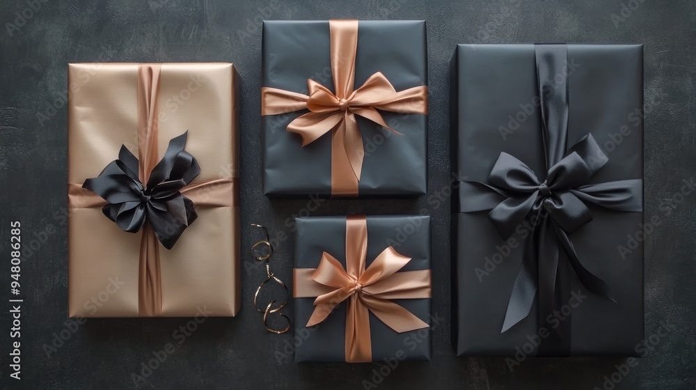 A set of elegant gifts wrapped in shiny paper and tied with sophisticated ribbons, arranged for a stylish presentation A set of elegant gifts wrapped in shiny paper and tied with sophisticated ribbons, arranged for a stylish presentation