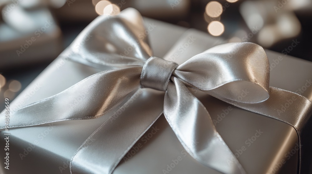 A silver ribbon bow placed on a luxury gift box, emphasizing elegance and special occasions A silver ribbon bow placed on a luxury gift box, emphasizing elegance and special occasions