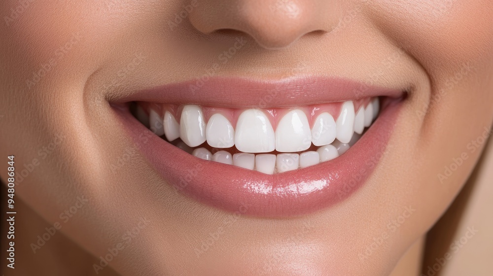 A smile with veneers, showing the perfect symmetry and whiteness achieved through cosmetic dentistry A smile with veneers, showing the perfect symmetry and whiteness achieved through cosmetic dentistry