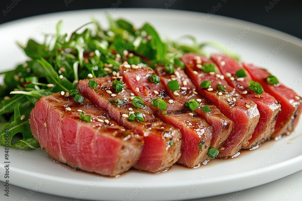 Seared tuna fish with sesame seeds and green onions on white plate Seared tuna fish with sesame seeds and green onions on white plate