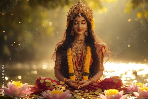 Beautiful indian woman dressed as lakshmi goddess of wealth meditating on golden coins and lotus flowers