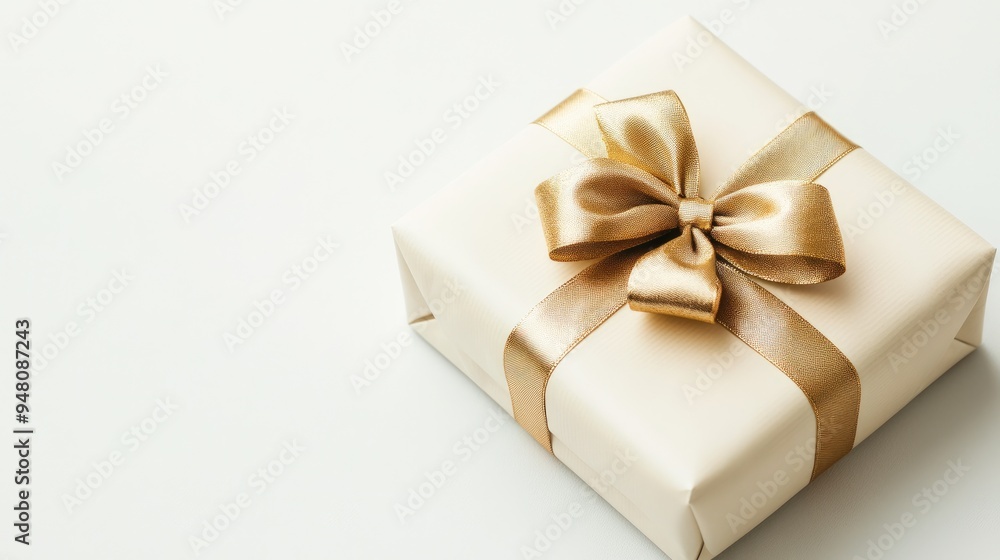 A stylishly wrapped gift with a metallic gold ribbon and a bow, set against a clean, white background for a modern look A stylishly wrapped gift with a metallic gold ribbon and a bow, set against a clean, white background for a modern look